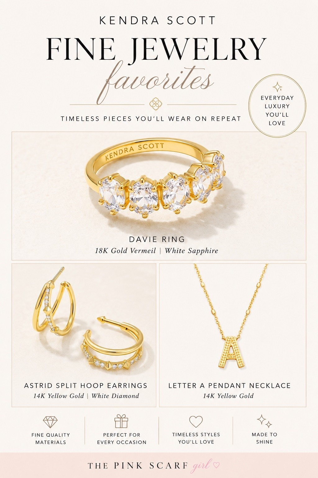 Obsessed with these timeless Kendra Scott pieces—from the sparkling white sapphire ring to the delicate initial necklace and diamond hoop earrings. They're elegant enough for special occasions but simple enough for everyday wear.
If you're building a jewelry collection that feels classic, elevated, and effortlessly chic, these are worth a look. 💛 #LTKstyletip #everydayluxury #goldjewelry

#LTKootd #LTKWorkwear