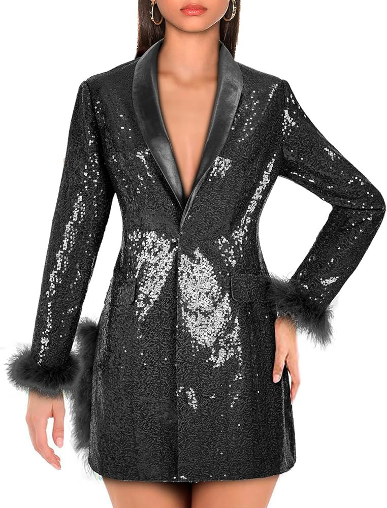 Women Sequin Jacket Long Sleeved Slim Blazer with Pocket | Amazon (US)