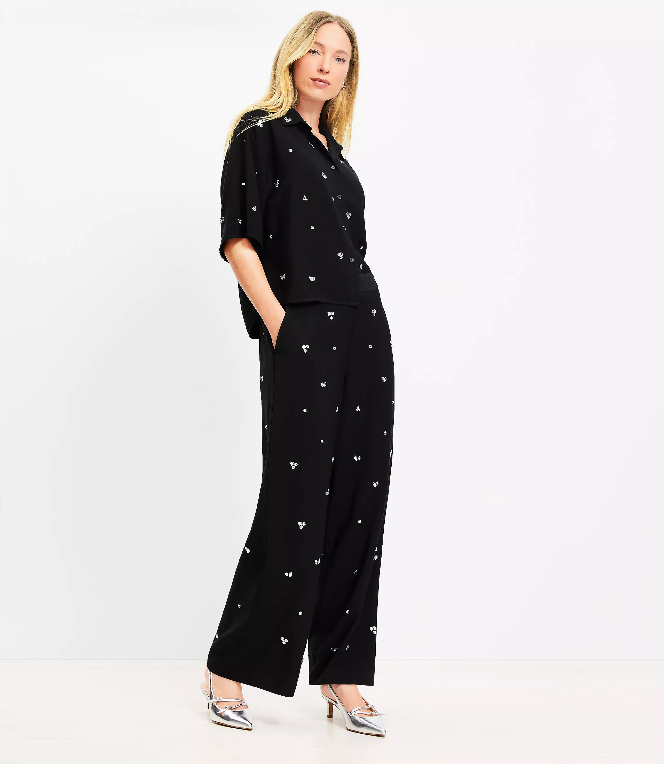 Jeweled Cluster Fluid Wide Leg Pants | LOFT