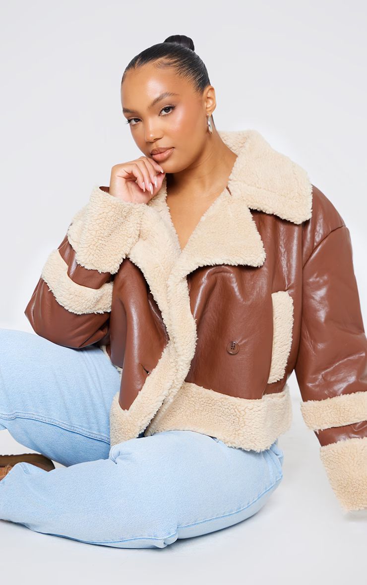 Plus Brown Battered Faux Leather Faux Fur Trim Coat | PrettyLittleThing US
