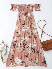 Off Shoulder Shirred Slit Floral Maxi Dress | ZAFUL (Global)