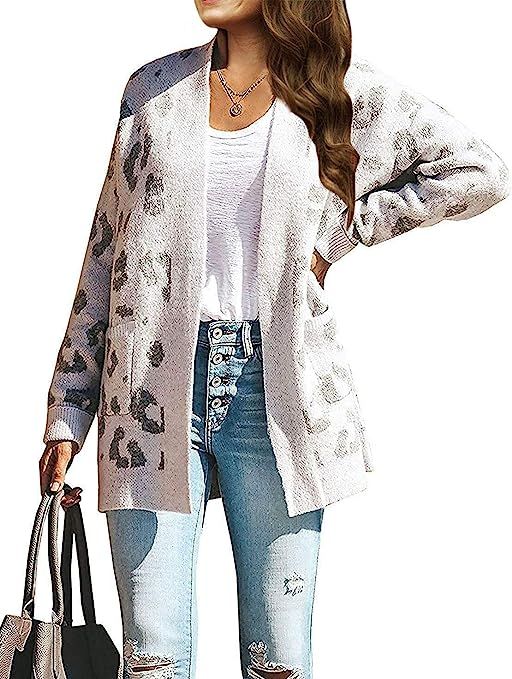 ZESICA Women's Long Sleeves Open Front Leopard Print Button Down Knitted Sweater Cardigan Coat Ou... | Amazon (US)