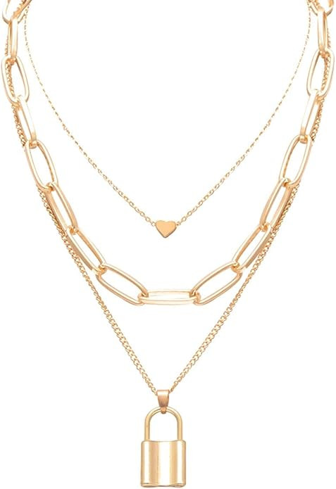 Salircon Layered Necklace Lock Key Pendant Punk Long Chain Statement Choker for Women Men Teen Gi... | Amazon (US)