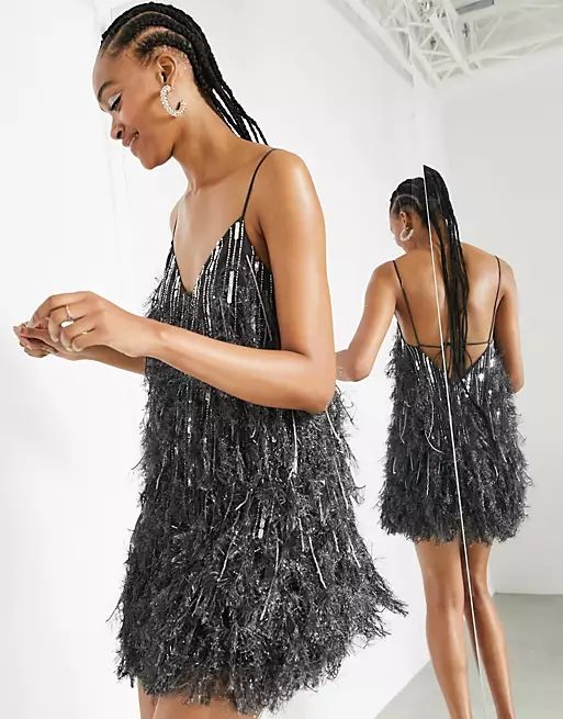 ASOS EDITION feather & sequin mini dress with low back in charcoal | ASOS (Global)