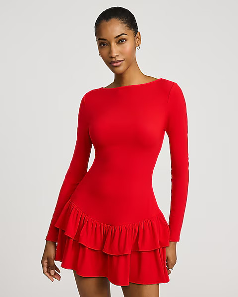 Boat Neck Long Sleeve Drop Waist Ruffle Mini Dress | Express