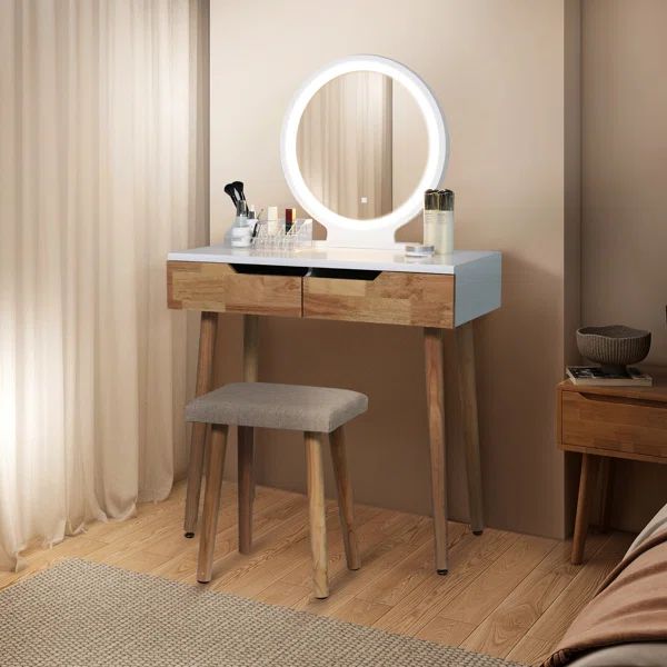 Rowell Vanity Table Set with 3 Modes Adjustable Brightness Mirror and Free Make-up Organizer | Wayfair North America