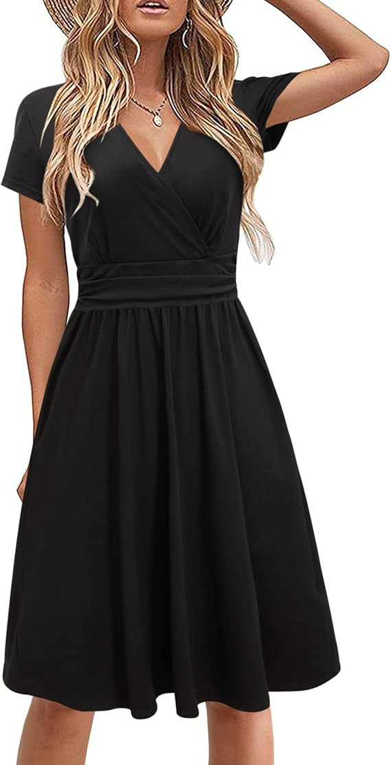 STYLEWORD Women's Summer Short Sleeve V-Neck Floral Wrap Waist Casual Party Dress with Pockets | Amazon (CA)