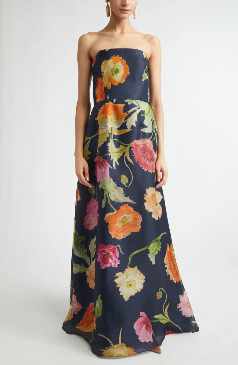Poppy Print Strapless Silk Gown | Nordstrom