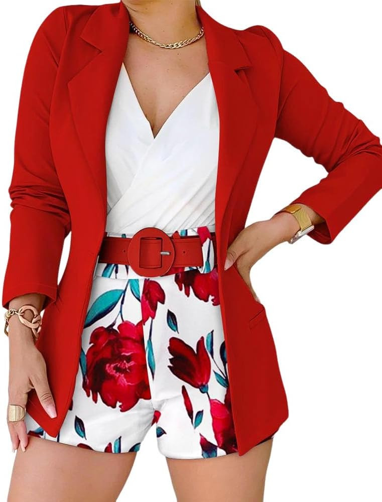 ChicMe Womens 2 Piece Blazer Set Open Front Blazer Coat with Floral Print Shorts Summer Suits Set... | Amazon (US)