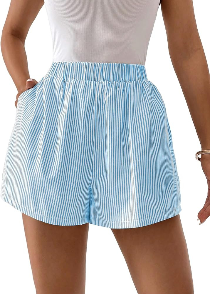 Floerns Women's Striped Print Elastic High Waist Wide Leg Casual Shorts | Amazon (US)