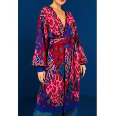 Farm Rio S Small Mixed Leopard Pop Diamond Knit Wool Cardigan Sweater Open Belt | eBay US