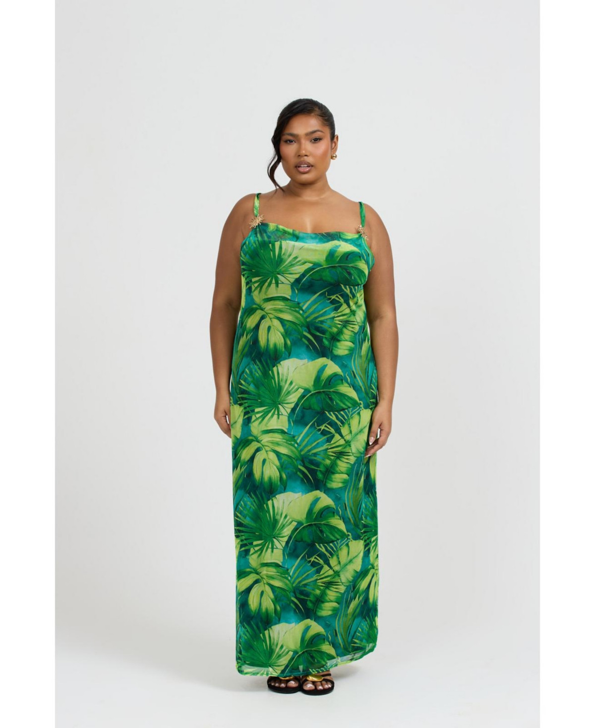Fashion-szn Curve Women's Palm Print Gold Trim Maxi Dress - Green | Macy's