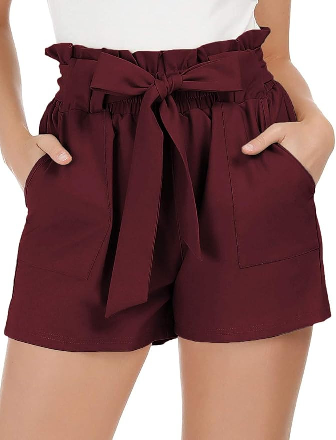SoTeer Womens High Waisted Tie Shorts Summer Casual Paper Bag Shorts Elastic Waist Beach Shorts | Amazon (US)