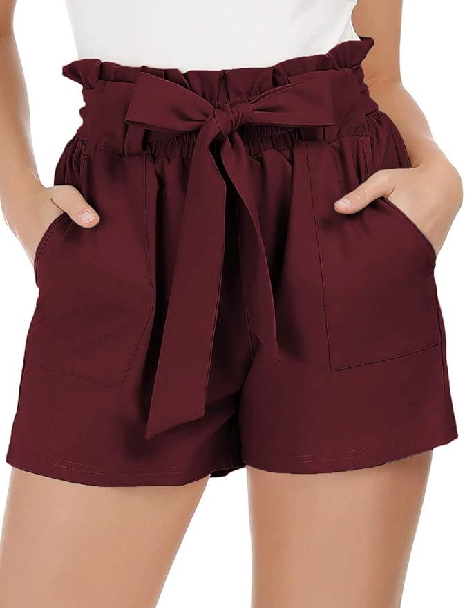SoTeer Womens High Waisted Tie Shorts Summer Casual Paper Bag Shorts Elastic Waist Beach Shorts | Amazon (US)