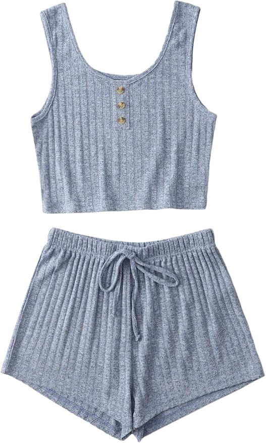 SweatyRocks Women's Button Front Rib Knit Sleepwear Tank Top and Shorts Pajama Sets | Amazon (US)