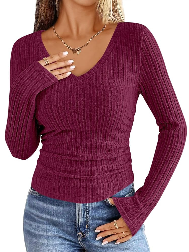 ANRABESS Womens Long Sleeve Shirts V Neck Ribbed Knit Slim Fit Lightweight Sweater 2025 Fall Dres... | Amazon (US)