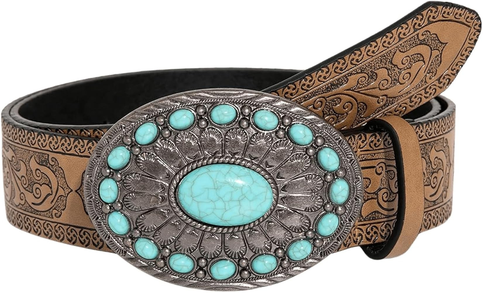 GORGLITTER Women's Western Leather Belt Vintage Turquoise Buckle Waist Belt for Dress | Amazon (US)