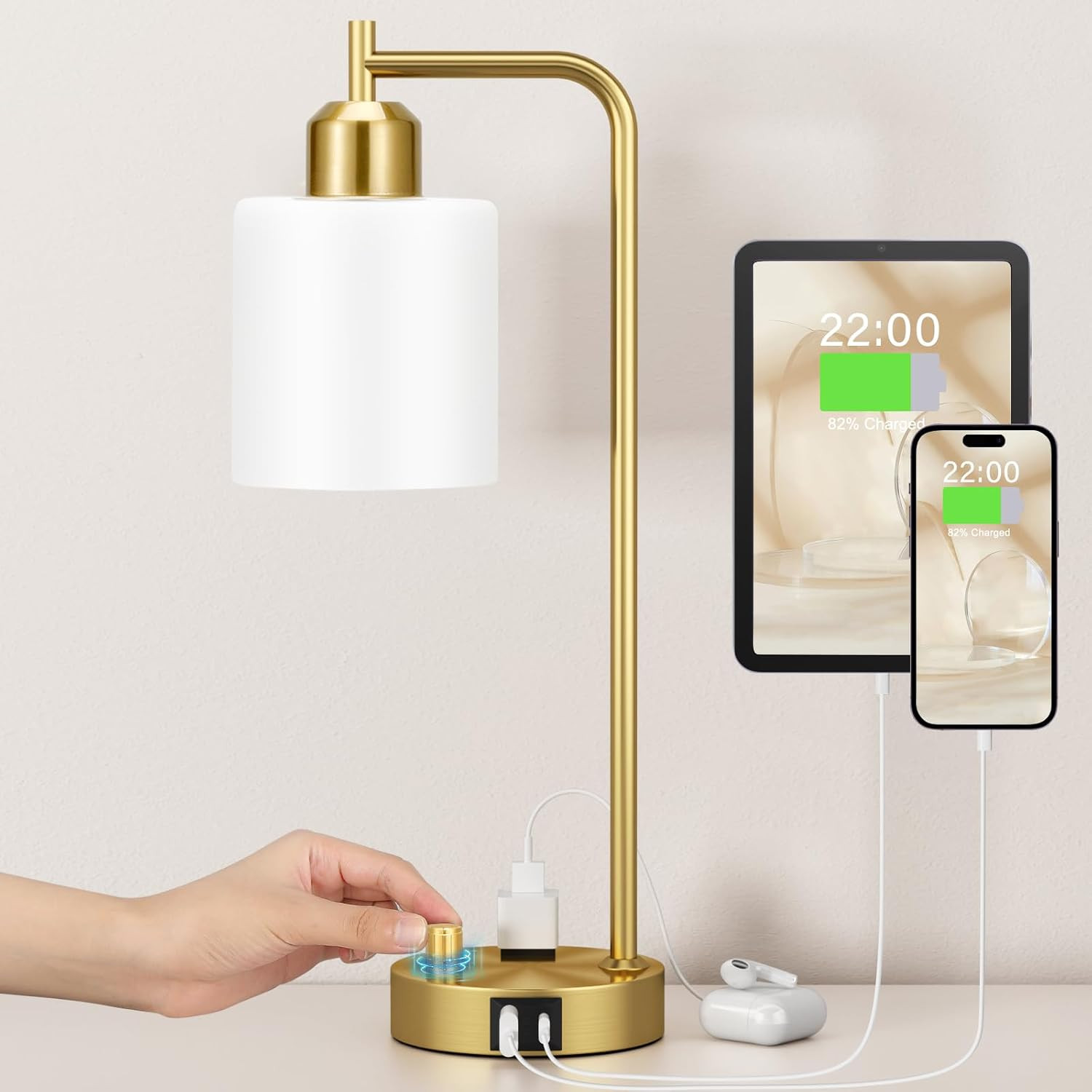 Gold Lamp for Bedroom - Industrial Bedside Table Lamp with USB Port and Outlet, Fully Dimmable Nightstand Lamp with Opal Glass Shade, Small Desk Lamps for Home Office | Amazon (US)