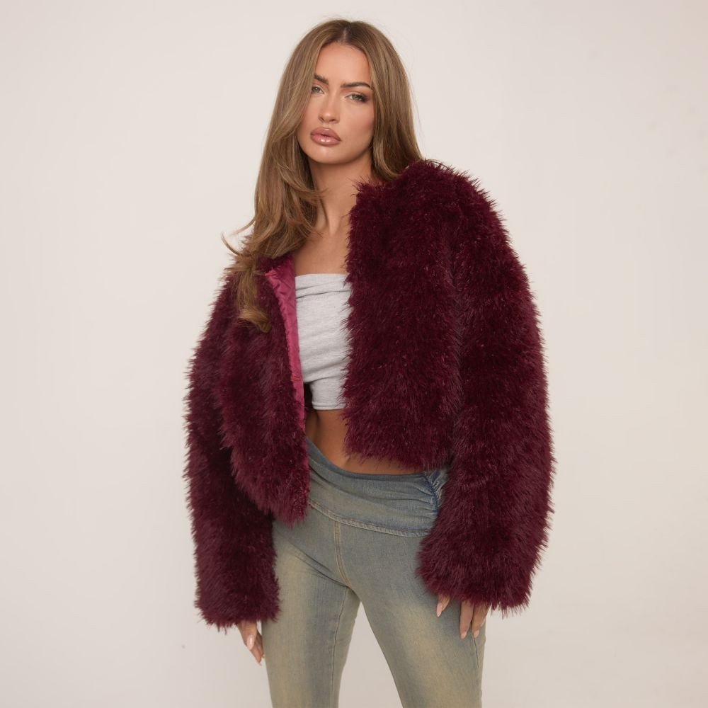 Collarless Cropped Jacket In Burgundy Faux Fur | EGO (UK)