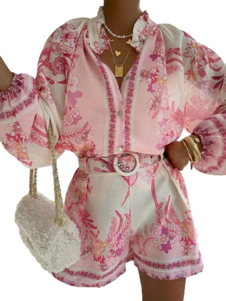 Women Two Piece Outfits Floral Boho Ruffle Blouse High Waisted Shorts Summer Vacation Beach Trave... | Amazon (US)