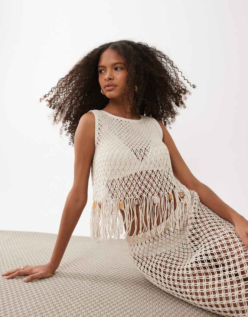 ASOS DESIGN crochet fringed beaded top in white | ASOS (Global)