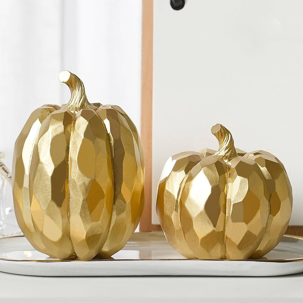 Pumpkin Decor Fall Decoration, Gold Pumpkins for Decorating, 2Pcs Resin Artificial Pumpkin Figuri... | Amazon (US)