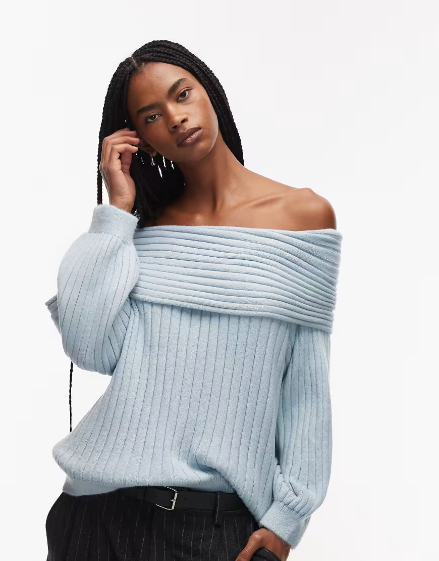 ASOS DESIGN oversized rib knit off shoulder sweater with balloon sleeve in light blue | ASOS (Global)