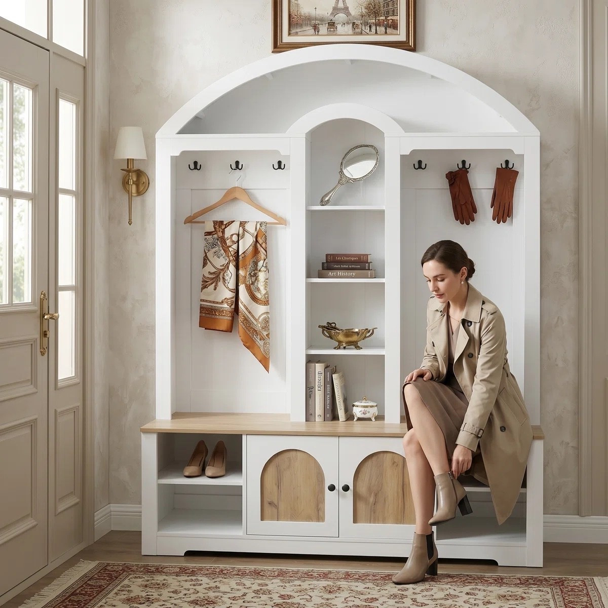 Curved Hall Tree with 6 Hooks & Multiple Storage Spaces, 4-in-1 Entryway Coat Hanger with Shoe Cabinet and 2 Doors for Hallway

#LTKOver40 #LTKMidsize #LTKTall