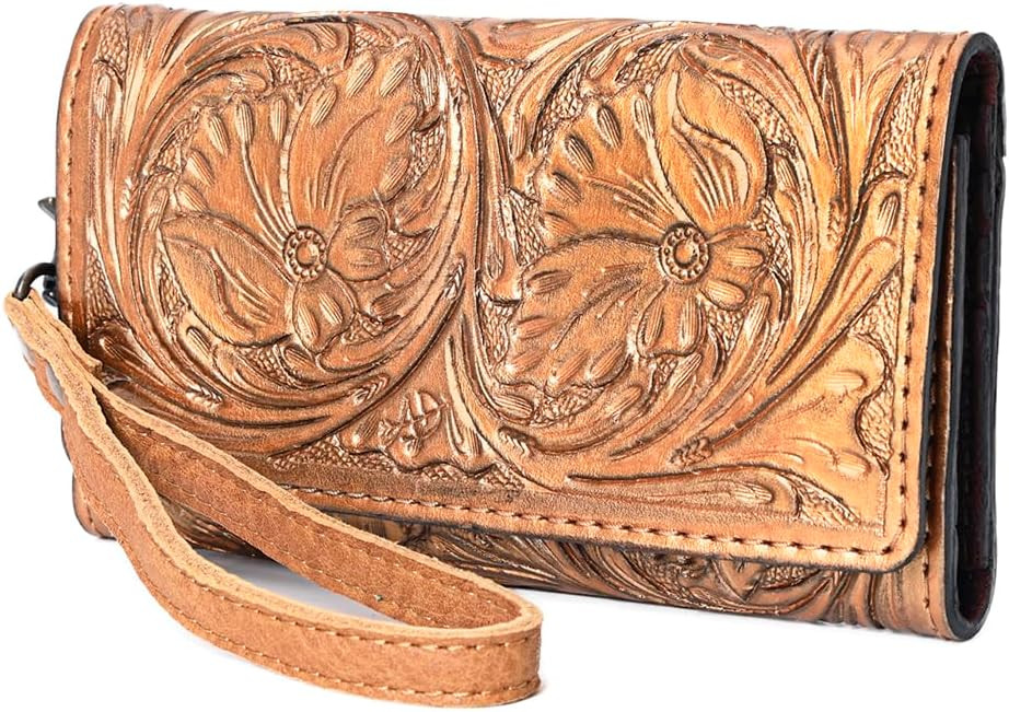 Western Leather Clutch Wallet Hand Tooled Floral Carved with Wristlet Strap | Amazon (US)