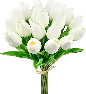 Mandy's Artificial Tulips 20 Stems White PU Faux Flowers for Valentine's Day and Easter Decoratio... | Amazon (US)