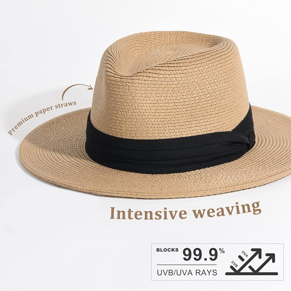 Womens Mens Wide Brim Straw Panama Hat Fedora Summer Beach Sun Hat UPF Straw Hat for Women | Amazon (US)