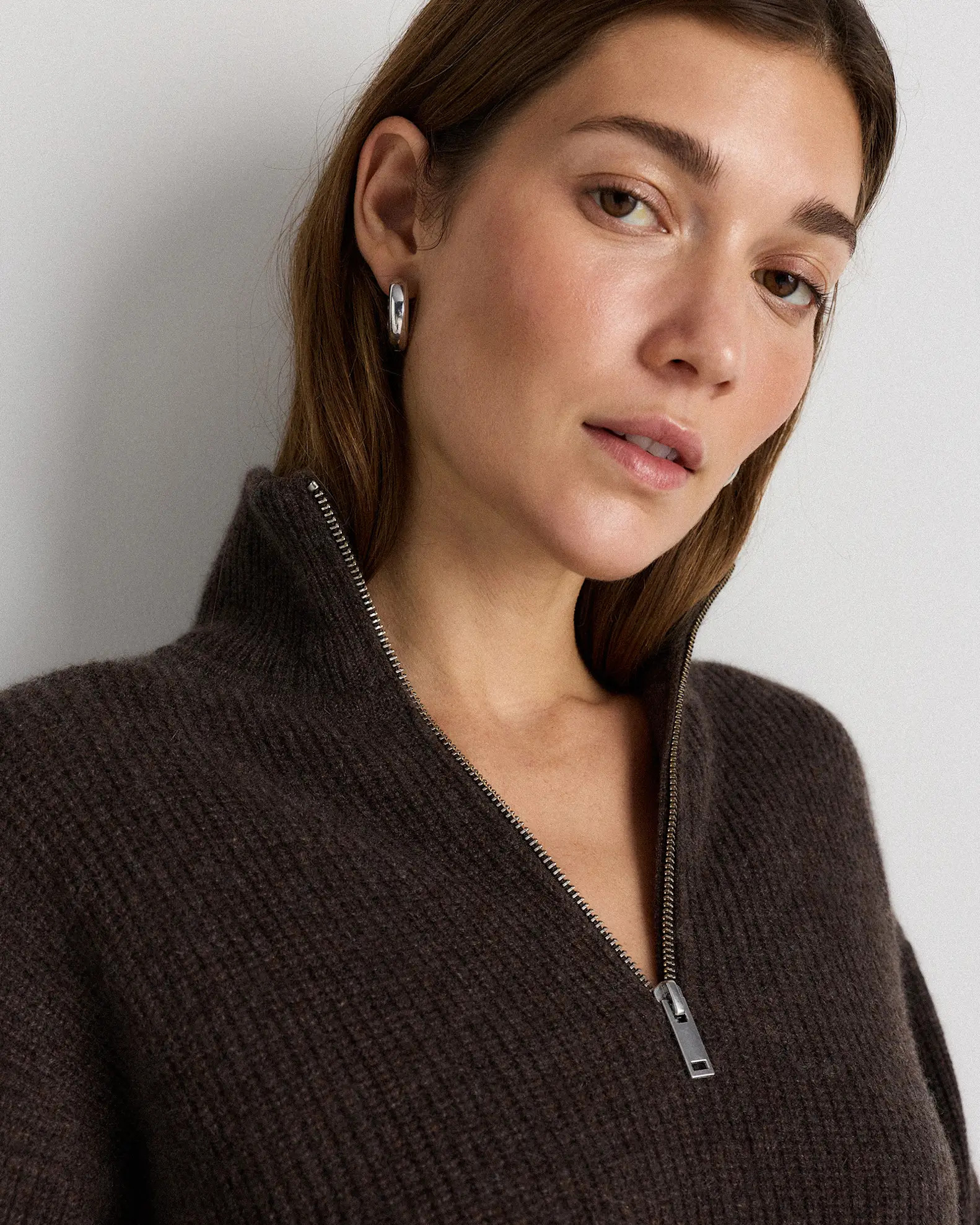 Mongolian Cashmere Fisherman Quarter Zip Sweater in Heather Truffle Brown | Quince