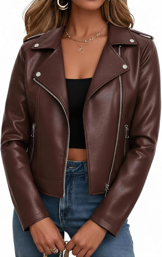 Ommiivex Women Leather Jacket Faux Cropped Coat Cute Short Zip Up for Casual Rock Concert Game Da... | Amazon (US)