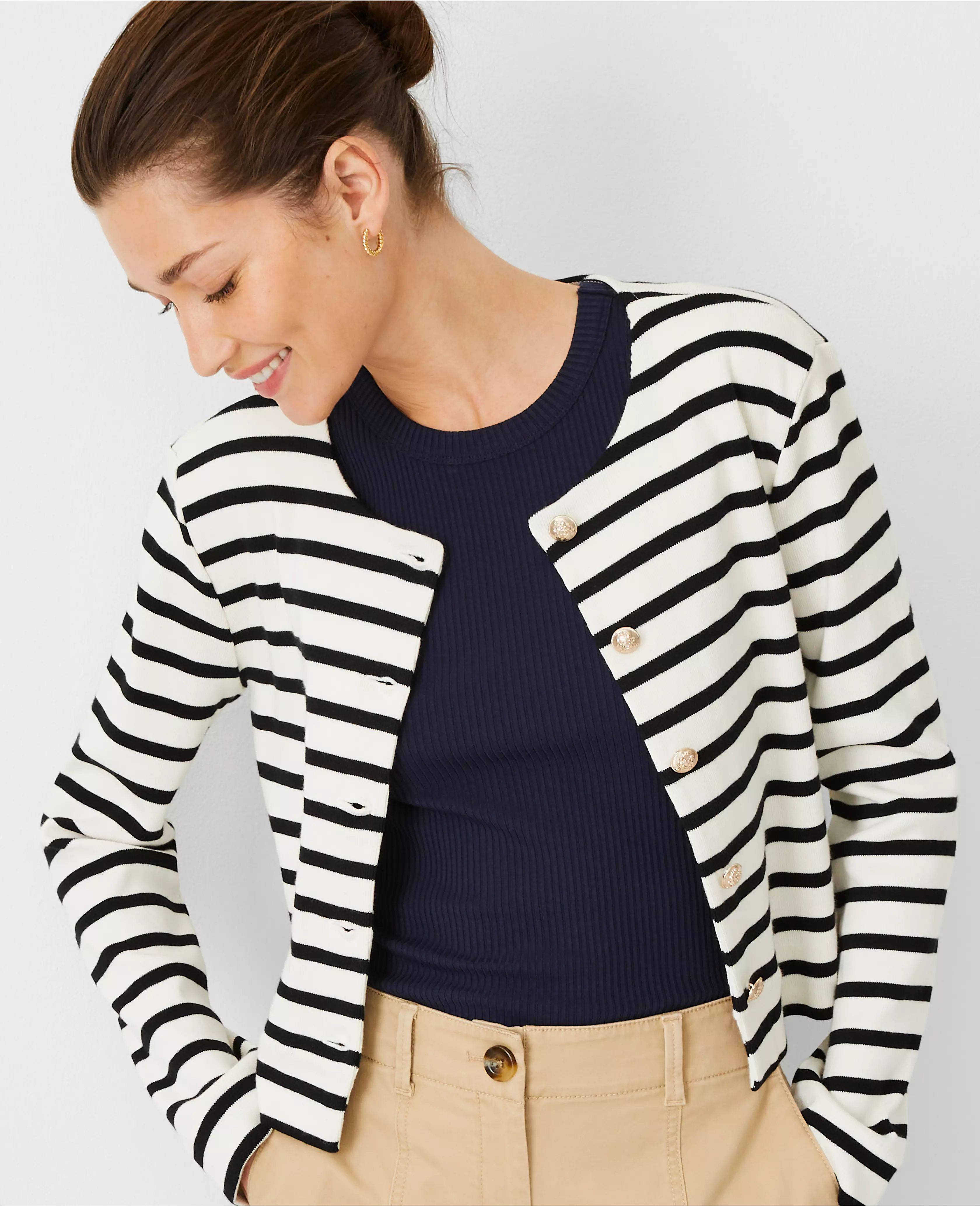 AT Weekend Striped Crew Neck Knit Jacket | Ann Taylor (US)
