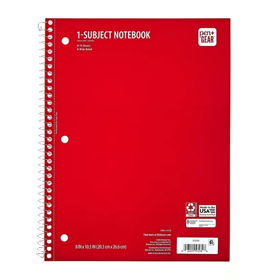 Pen+Gear College Ruled 1-Subject Notebook, 8" x 10.5", Red, 70 Sheets | Walmart (US)