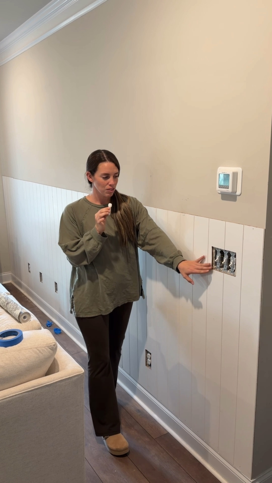 Living Room makeover - Step 1 - Paneling! 
This was my first time having to measure and cut around outlets! 

#LTKHome #LTKstorytime #LTKvlog