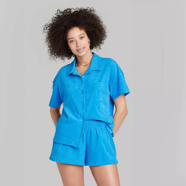 Women's Ascot + Hart Terry Cloth Short Sleeve Button-Down Graphic Top - Blue | Target