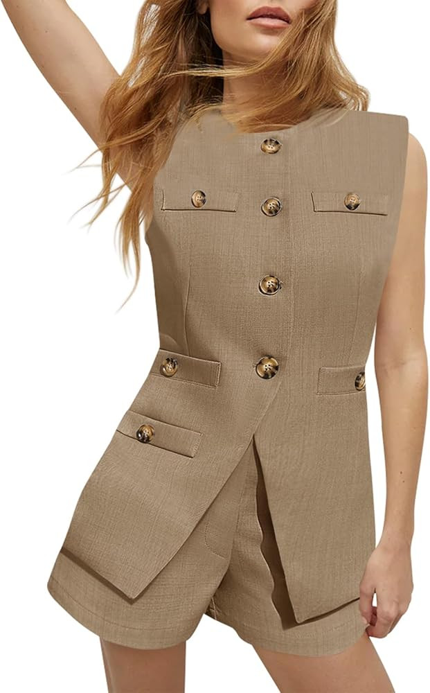 Tankaneo Womens 2 Piece Outfits Casual Suit Sets Sleeveless Button Down Blazer Vest Shorts Office... | Amazon (US)