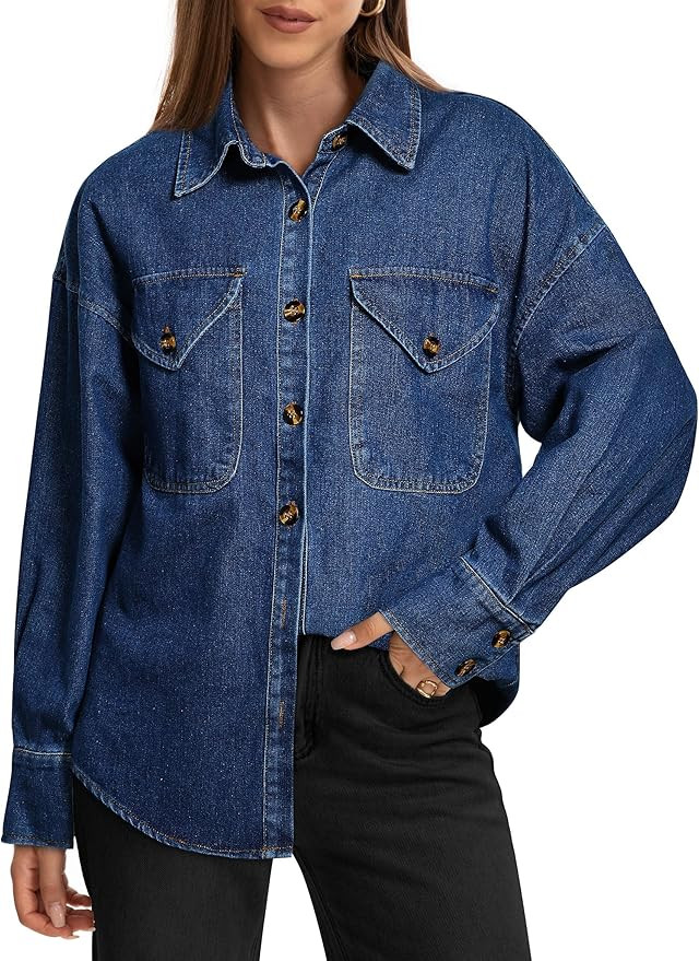 Women's Oversized Denim Shirt Long Sleeve Boyfriend Jean Jacket Button Down Blouse Top | Amazon (US)
