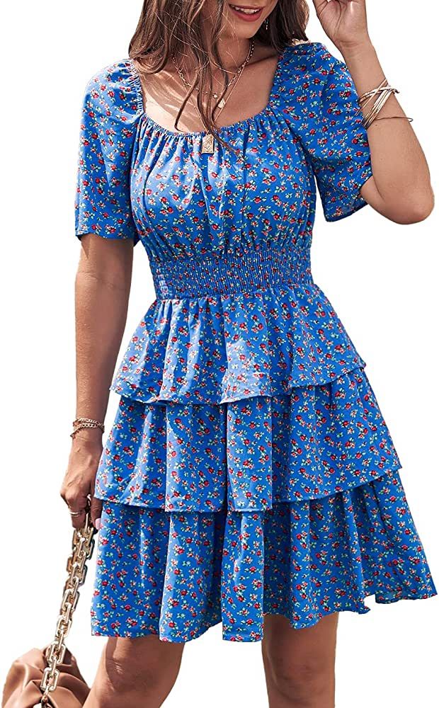 Amkoyam Women's Floral Summer Short Dress 2023 Casual Boho Square Neck Short Sleeve Smocked Tiere... | Amazon (US)