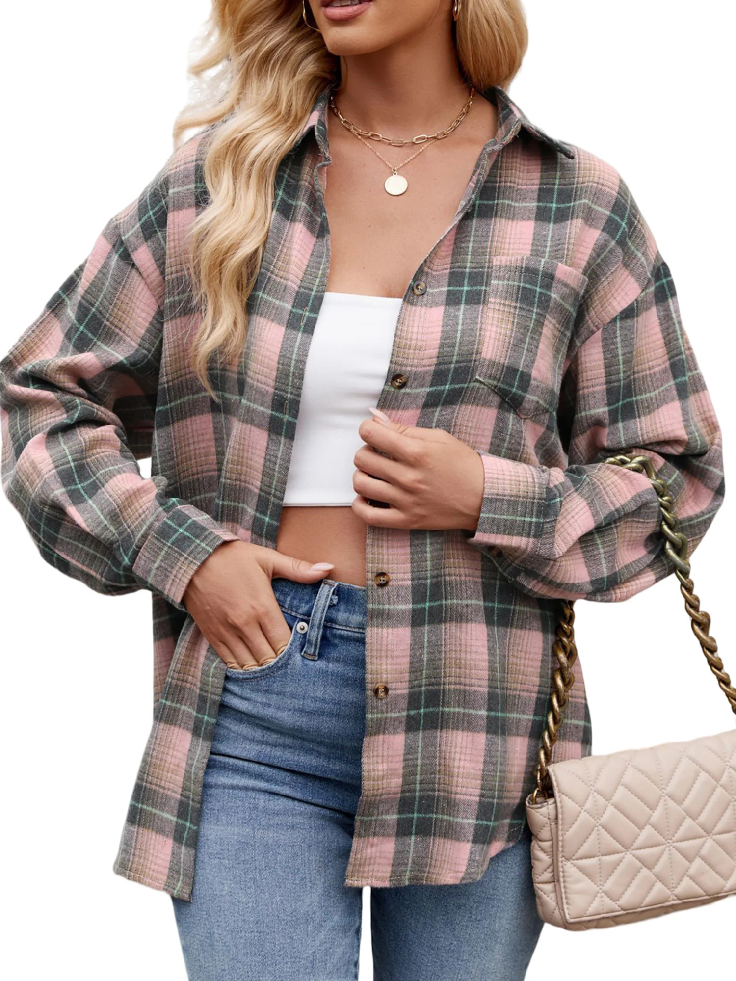 MOSHU Flannel Shirts for Women Casual Plaid Womens Tops Long Sleeve Button Down Shirts Curved Hem... | Walmart (US)