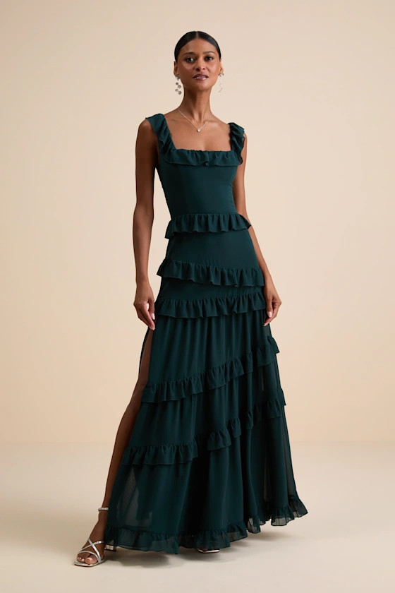 Compelling Romantic Dark Green Ruffled Tiered Maxi Dress | Lulus