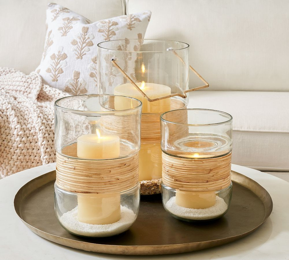 Palm Woven Rattan & Glass Hurricane Candleholder | Pottery Barn (US)
