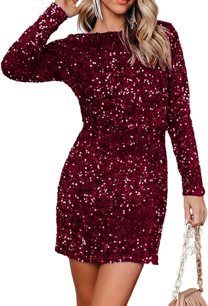 R.Vivimos Women's Sequin Bodycon Dress Fall Winter Velvet Warm Long Sleeve Crew Neck Sexy Backles... | Amazon (US)