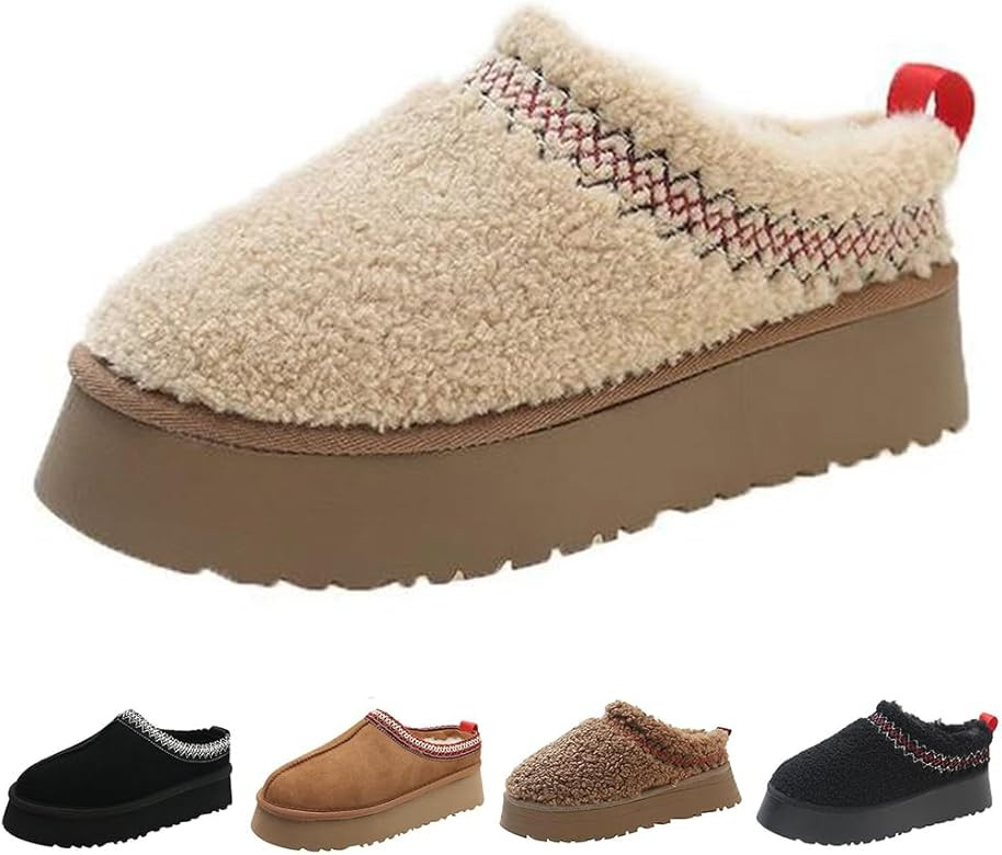 Women's Platform Mini Boots Slippers for Women Warm Fuzzy Slippers Slip on Fur Fleece Lined Suede... | Amazon (US)