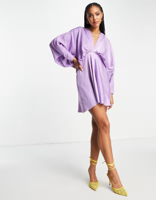ASOS DESIGN batwing satin midi dress with bias cut skirt and tie back in lilac | ASOS (Global)