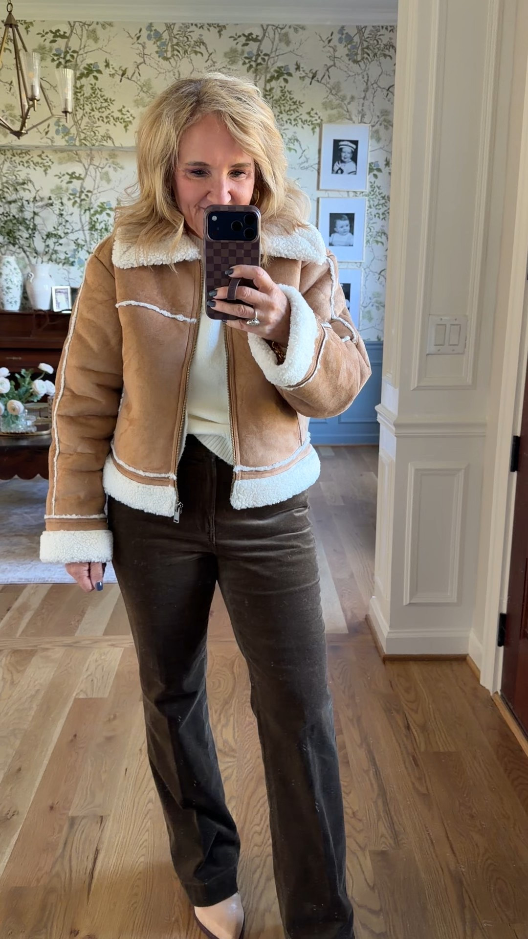 Faux suede Sherpa size petite medium. I love this! Have always wanted one. 
Corduroy size 6
Sweater size 6 
Boots size up 1/2 

Fall cost winter jacket fall outfit Thanksgiving outfit 

#LTKSaleAlert #LTKSeasonal #LTKOver40