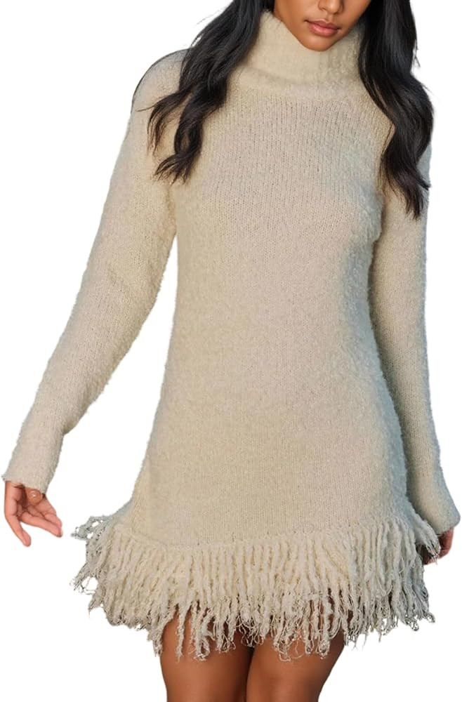 Kwunbwa Womens Short Sweater Dresses Casual Long Sleeve Turtleneck Fringe Bodycon Fall Mini Knit ... | Amazon (US)