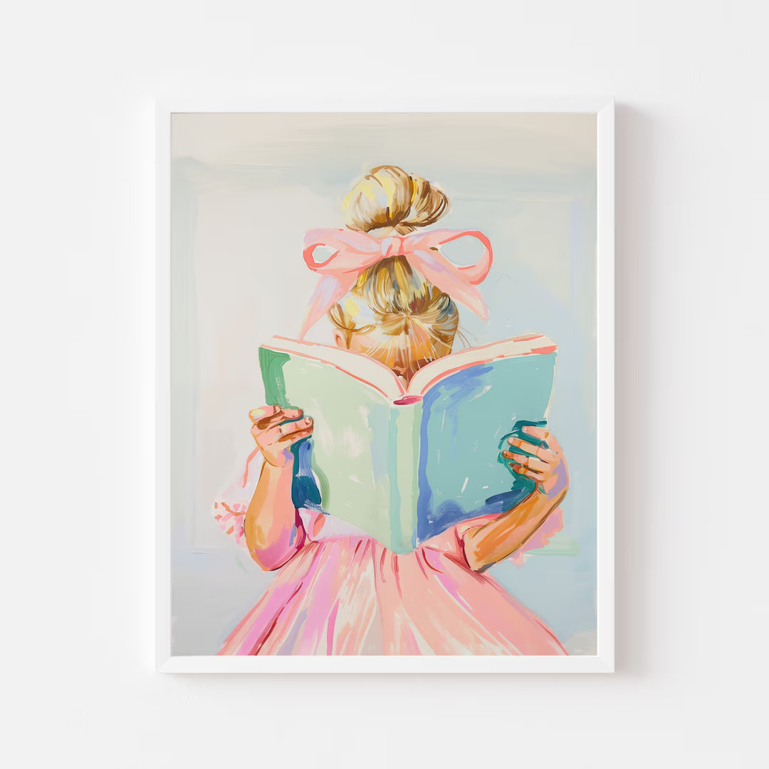 Little Blonde Girl Reading Painting Pastel Book Nook Wall Art Print Pink Girly Kid's Room Digital... | Etsy (US)
