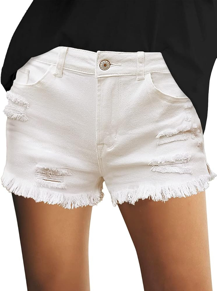 luvamia Women's Casual Mid Rise Denim Shorts Stretch Ripped Raw Hem Jean Shorts | Amazon (US)
